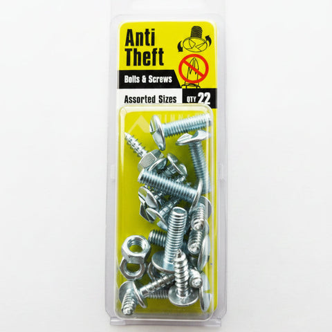A package of Anti Theft Bolts & Screws in assorted sizes, containing 22 silver-colored metal screws and washers, shown in its clear plastic blister pack with a yellow and black label, set against a white fabric background.