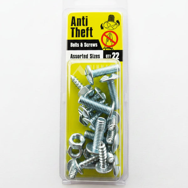 A package of Anti Theft Bolts & Screws in assorted sizes, containing 22 silver-colored metal screws and washers, shown in its clear plastic blister pack with a yellow and black label, set against a white fabric background.