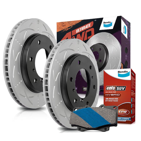 Front Bendix Brake Pads + Slotted & Dimpled Rotors for Toyota Landcruiser HZJ75 FZJ75 PZJ73 | Hilux LN106 RN105 YN106 - 302mm OD